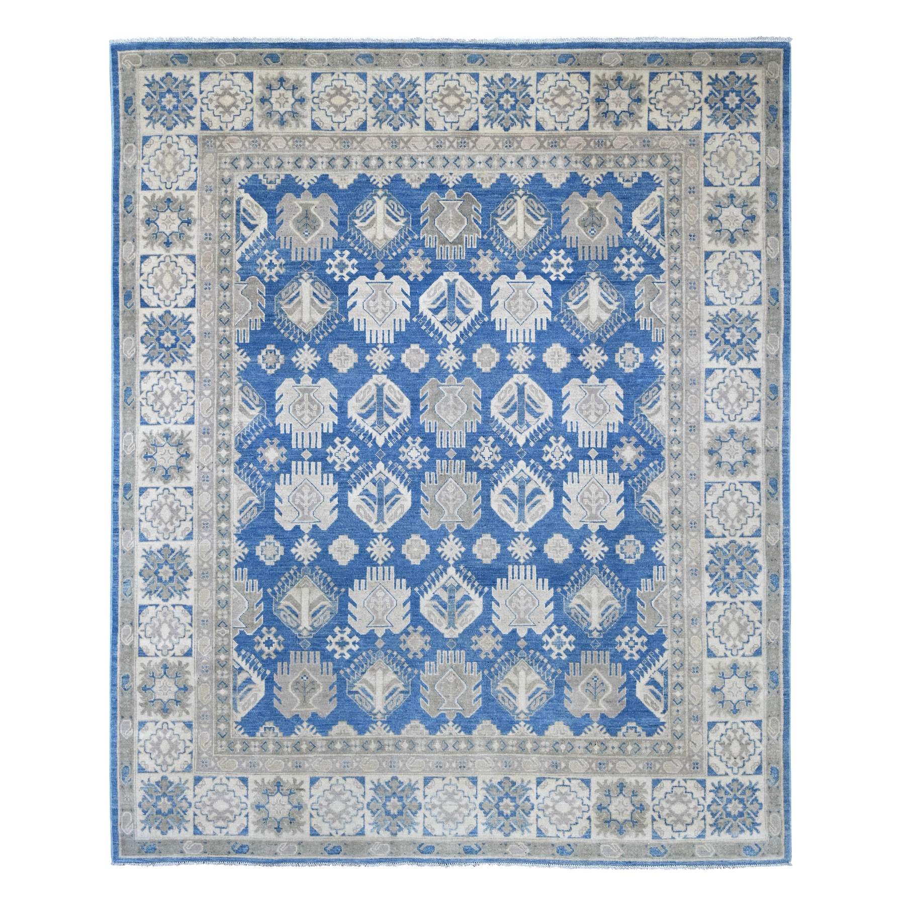 7'10"x9'7" Marlin Blue, Vintage Look Kazak with All Over Tribal Motifs, Hand Knotted, 100% Wool, Natural Dyes, Oriental Rug 